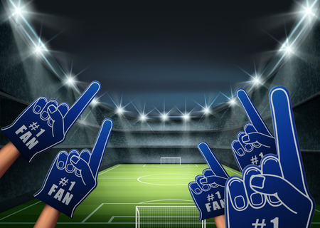 A Vector illustration of fans on the tribune with bright spotlight illuminates green football field.のイラスト素材