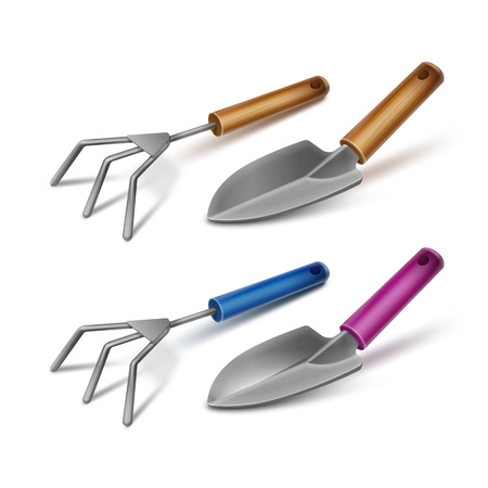 A Vector tools for gardening: hand cultivator and trowel with wooden and colored handle. Isolated on white backgroundのイラスト素材