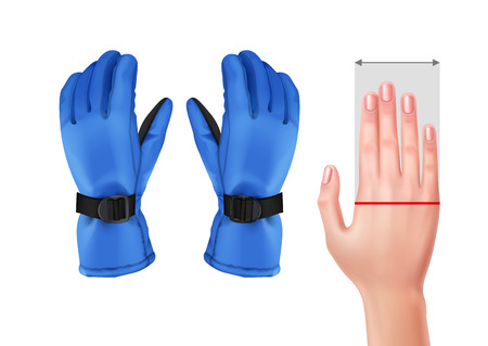 Vector illustration of measuring hand for gloves with blue ski gloves isolated on white backgroundのイラスト素材