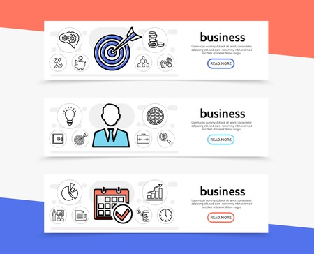 Business elements horizontal banners with target businessman calendar coins teamwork bulb safe briefcase globe chart clock documents line icons vector illustrationのイラスト素材