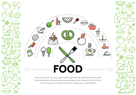 Food line icons composition with different drinks sausage pretzel fruits chicken fish sweet products kitchen utensil elements isolated vector illustrationのイラスト素材