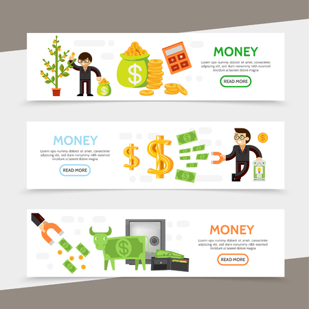 Flat finance horizontal banners with business people, money tree, calculator, bag of coins and more. Vector illustration.のイラスト素材