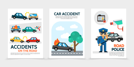 Flat auto accident vertical banners with car crash pedestrian hit burning automobile surveillance camera driver license road police vector illustrationのイラスト素材
