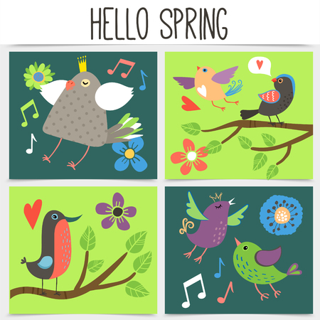 Flat spring time square concept with singing cute birds music notes and blooming beautiful flowers isolated vector illustrationのイラスト素材