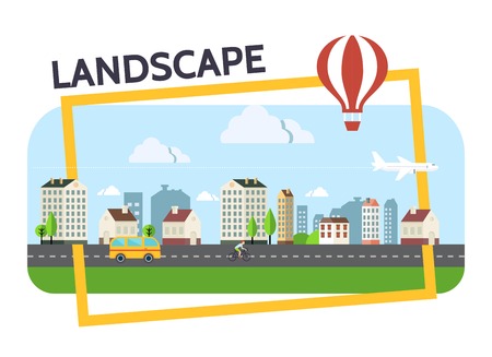 Flat city landscape composition with buildings clouds road bus airplane and hot air balloon transports in frame vector illustrationのイラスト素材