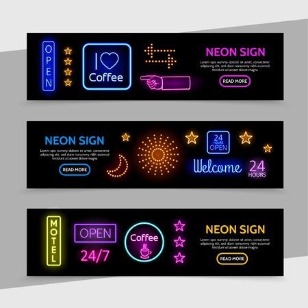 Advertising neon signs horizontal banners with bright frames colorful inscriptions arrows light stars moon sparkles glowing indicating hand coffee cup vector illustrationのイラスト素材