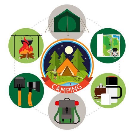 Flat summer camping round concept with tent trees map navigational compass thermos cup backpack shovel axe bonfire isolated vector illustrationのイラスト素材