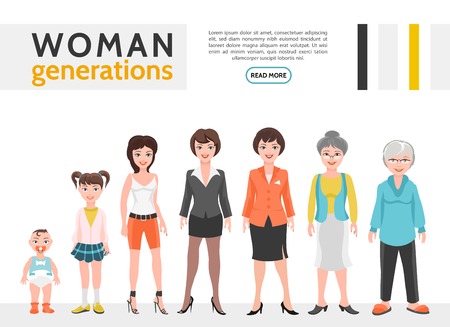 Flat people generation set with women life cycle from childhood to old age isolated vector illustrationのイラスト素材