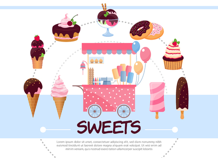 Flat sweets round concept with candy cart ice cream  sundae cake muffin donuts isolated vector illustrationのイラスト素材