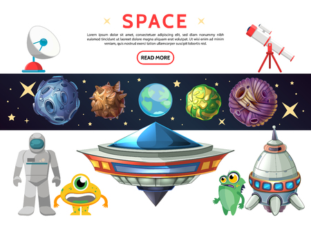 Cartoon space composition with earth planet, asteroids, meteors, cosmonaut, ufo spaceship, funny extraterrestrials, stars, telescope and satellite dish isolated on a white background. Vector illustrationのイラスト素材