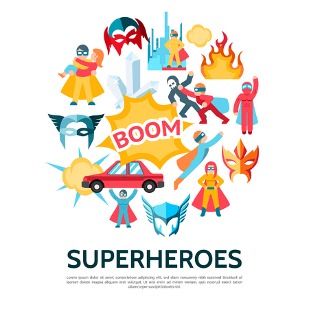 Flat superheroes round concept with heroic masks speech bubbles fire super heroes lift car save girl defeat criminal vector illustrationのイラスト素材