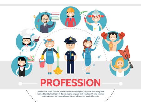 Flat professional workers concept with waitress chef teacher engineer painter sportsman musician maid policeman stewardess isolated vector illustrationのイラスト素材