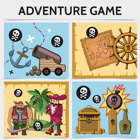 Cartoon mobile game concept with anchor cannon map ship steering wheel pirates tropical island treasure chest bottles bomb skull and crossbones vector illustrationのイラスト素材