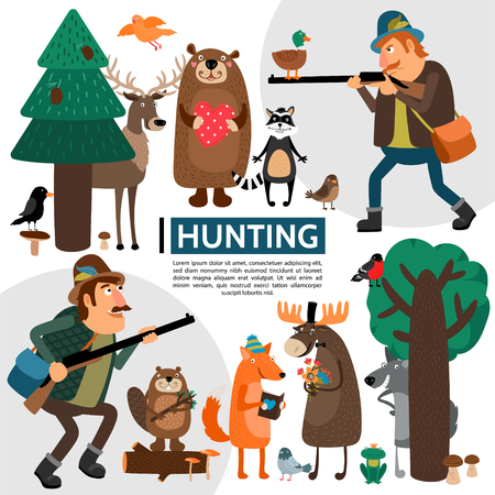 Flat hunting composition with hunters elk deer bear raccoon birds fox frog wolf beaver in forest vector illustrationのイラスト素材