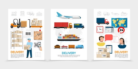 Flat delivery posters with warehouse worker forklift packages world map calendar operators train van truck ship airplane transportation vector illustrationのイラスト素材