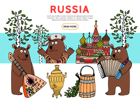 Flat travel in Russia template with bears playing accordion balalaika st basil cathedral wooden tub samovar birch trees vector illustrationのイラスト素材