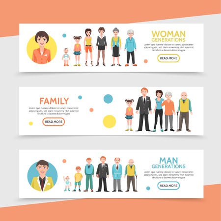 Flat people generation horizontal banners with happy family man and woman life cycle from baby to old age vector illustrationのイラスト素材