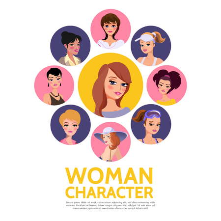 Flat woman characters avatars concept with different hairstyle and fashion style for various situations in colorful circles isolated vector illustrationのイラスト素材