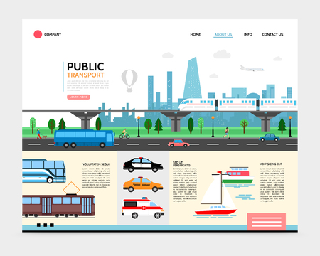 Flat city transport landing page template with subway tram bus boat police ambulance taxi cars urban road traffic vector illustrationのイラスト素材