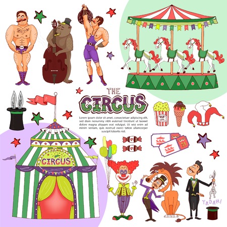 Flat colorful circus template with clown holding balloons magician bear playing cello animal tricks strongmen carousel tent candies tickets popcorn isolated vector illustrationのイラスト素材