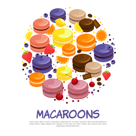 Cartoon colorful tasty macaroons round concept with orange bilberry lemon chocolate strawberry coffee flavors isolated vector illustrationのイラスト素材