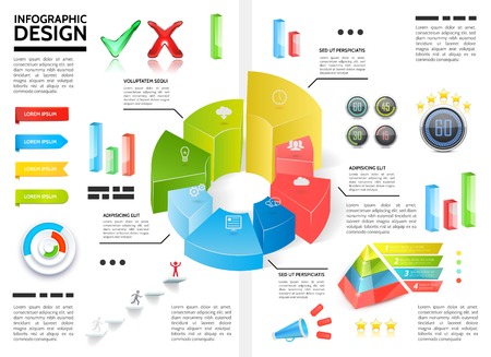 Realistic colorful infographic template with circle diagrams charts pyramid ribbons check marks megaphone bars business icons vector illustrationのイラスト素材