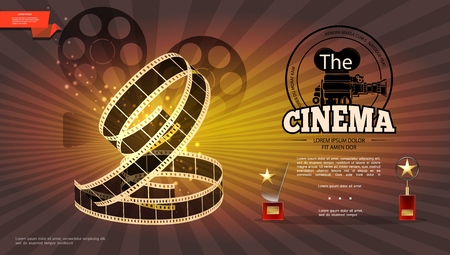 Realistic cinematography bright background with film reels camera filmstrip and cinema awards vector illustrationのイラスト素材