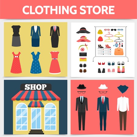 Flat clothing shop square concept with store facade dresses suits hats eyeglasses shoes brooch cosmetic products lady bags sneakers coathangers isolated vector illustrationのイラスト素材