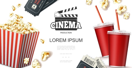 Realistic cinema elements concept with soda in paper cup tickets clapperboard and popcorn in red striped bucket vector illustrationのイラスト素材