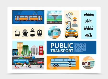 Flat public transport infographic template with tram taxi operator road traffic bus subway cruise ship scooter bicycle vector illustrationのイラスト素材
