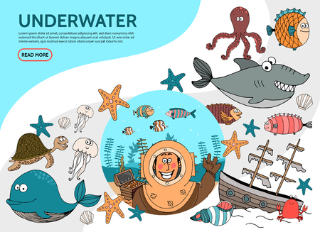 Flat underwater life elements set with diver whale octopus shark fish starfish turtle jellyfish crab sunken ship seaweed vector illustrationのイラスト素材