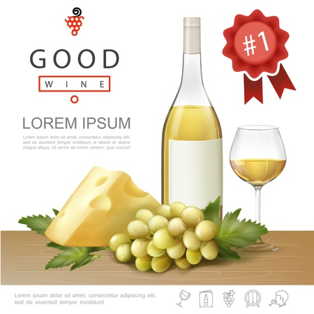 Realistic premium alcohol template with bottle and glass full of white wine cheese and bunch of grapes vector illustrationのイラスト素材