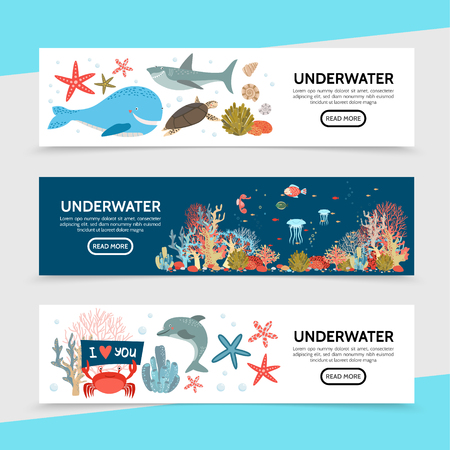 Flat sea life horizontal banners with whale shark turtle fish seahorse jellyfish starfish crab dolphin seaweed corals vector illustrationのイラスト素材
