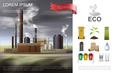 Realistic ecological environmental composition with industrial factory recycling garbage cans paper bags water glasses vector illustrationのイラスト素材