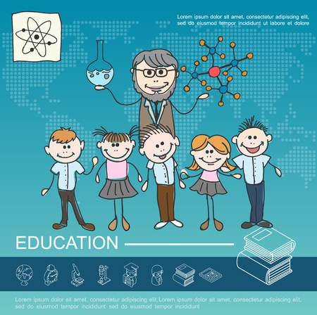 Hand drawn school education template with smiling kids teacher holding test tube and model of molecular structure vector illustrationのイラスト素材