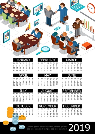 Isometric 2019 year business calendar template with business meeting conference presentation negotiations devices graphs diagrams magnifier book coins vector illustrationのイラスト素材