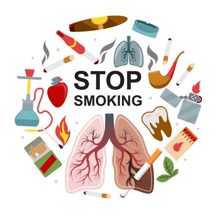 Flat no smoking round concept with hookah cigar pipe cigarettes ashtray matches lighter tobacco leaves smoker unhealthy lungs tooth heart vector illustrationのイラスト素材