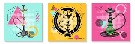 Realistic traditional hookah cards set with classic hookahs of different shapes on trendy geometric backgrounds isolated vector illustrationのイラスト素材