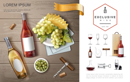 Realistic premium alcohol composition with red white rose wines wineglasses corkscrews jars cheese green olives grape bunches on wooden background vector illustrationのイラスト素材
