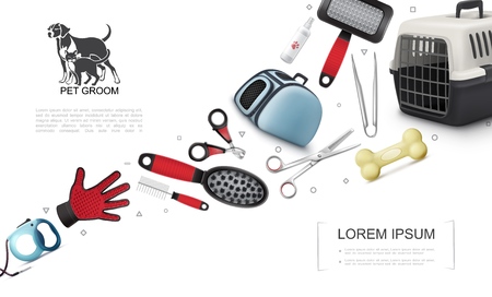 Realistic pets grooming elements set with dog and cat carriers bone combs brush clipper scissors animal shampoo glove leash vector illustrationのイラスト素材
