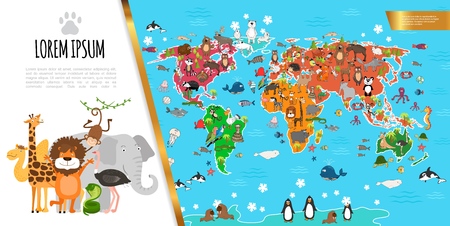 Flat fauna world map composition with wild animals living in ocean and on different continents vector illustrationのイラスト素材