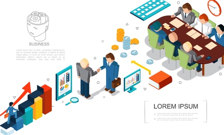 Isometric business elements set with graphs magnifier coins book tablet computer business people deal and meeting vector illustrationのイラスト素材