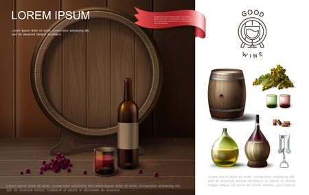 Realistic winemaking colorful composition with wooden barrel original bottles of wine corkscrew glasses and grapes bunch vector illustrationのイラスト素材