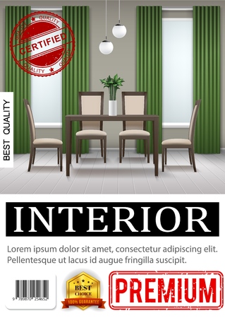Realistic classic home interior poster with chairs near table houseplant green curtains lamps parquet floor vector illustrationのイラスト素材