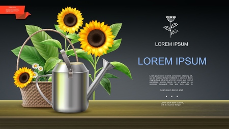 Realistic gardening colorful template with watering can and basket of sunflowers and chamomiles vector illustrationのイラスト素材