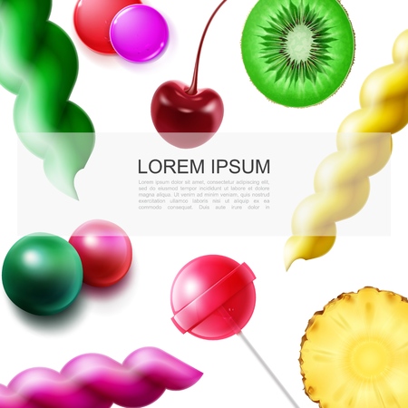 Realistic fruit sweet products template with kiwi pineapple pieces cherry colorful gums lollipop candies vector illustrationのイラスト素材