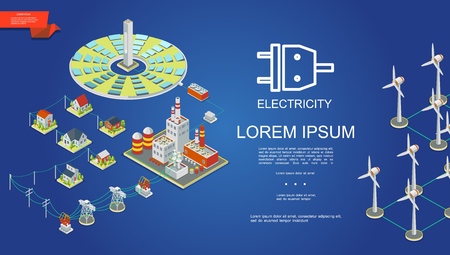 Isometric electricity production concept with solar panels energy power plant electric transformers transmission towers houses windmills vector illustrationのイラスト素材