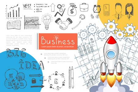 Sketch business startup infographic concept with rocket launch diagram graphs bulb handshake briefcase phone money bag pencils businessman businesswoman arrows vector illustrationのイラスト素材
