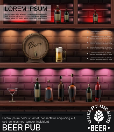Realistic pub colorful poster with cocktails bottles of alcoholic drinks beer glass and wooden barrel on bar counter vector illustrationのイラスト素材