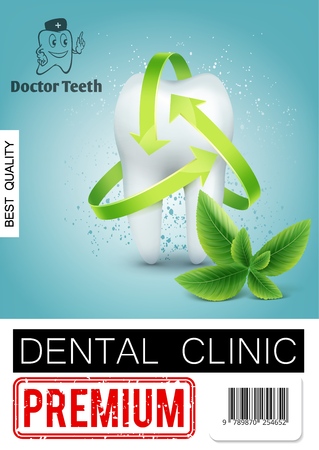 Realistic dental clinic advertising poster with healthy tooth and mint leaves on light background vector illustrationのイラスト素材
